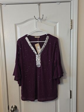 Timeson Sparkle V-Neck Ruffle Sleeve Top - Purple